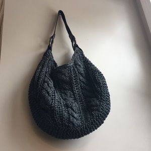 Hemp knitted shoulder bag with leather strap